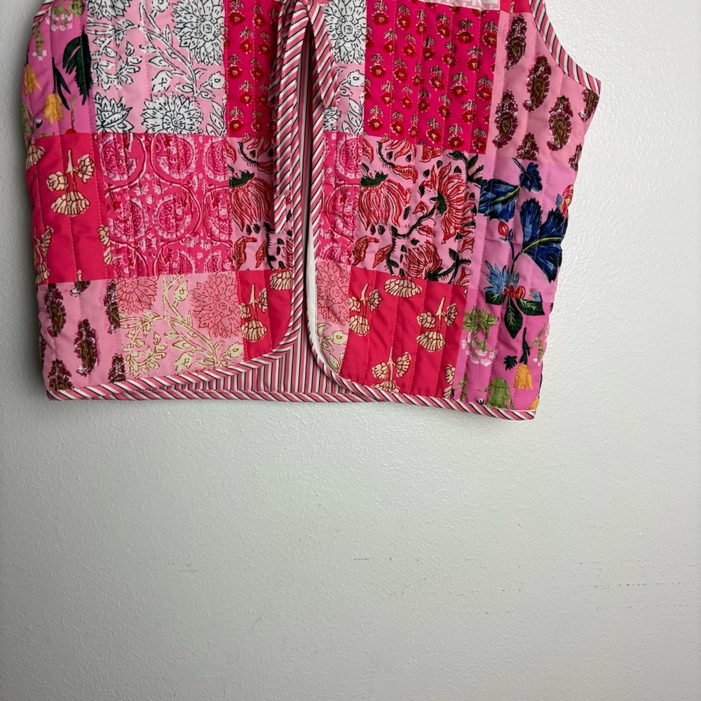 Patchwork Pink Quilted Vest Cottagecore Colorful Boho Floral Gilet Cardigan M - Picture 3 of 8